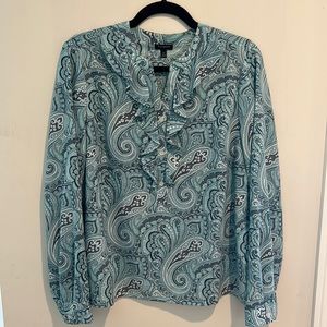 Talbots Paisley Light Teal and Grey Long Sleeve Blouse. Size 12